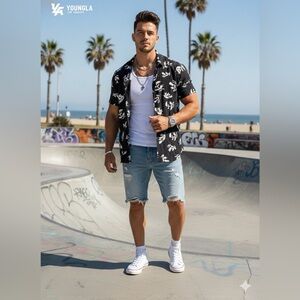 YoungLA Black Printed Button Up Shirt size Large